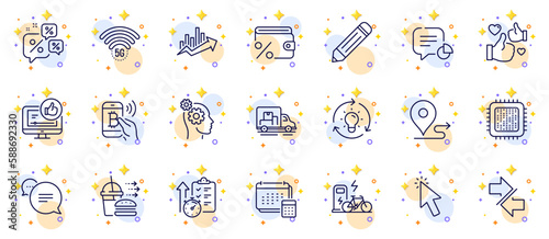 Outline set of Text message, Pencil and Savings tax line icons for web app. Include Timer, Cursor, Idea pictogram icons. 5g wifi, Statistic, Truck transport signs. Cpu processor. Vector