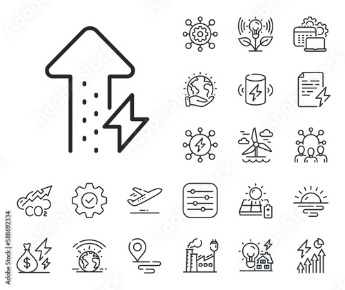 Thunderbolt sign. Energy, Co2 exhaust and solar panel outline icons. Energy line icon. Power consumption symbol. Energy growing line sign. Eco electric or wind power icon. Green planet. Vector