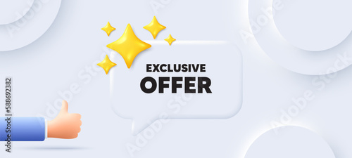 Exclusive offer tag. Neumorphic background with chat speech bubble. Sale price sign. Advertising discounts symbol. Exclusive offer speech message. Banner with like hand. Vector