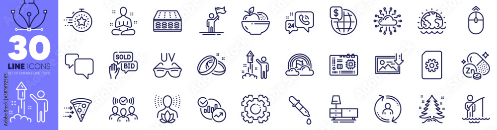 Motherboard, Dresser and Timer line icons pack. Wedding rings, Statistics, World money web icon. Food delivery, Zinc mineral, Yoga balance pictogram. Disaster, File management, Sunglasses. Vector