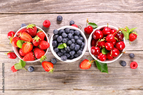 Bowl of various berry fruits (strawberry, blueberry,cherry)