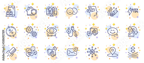Outline set of Money transfer, Statistics timer and Mobile inventory line icons for web app. Include Loan percent, Work, Energy inflation pictogram icons. Like, Messages, Resilience signs. Vector