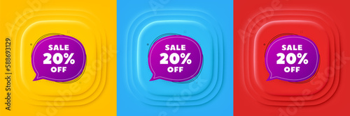 Sale 20 percent off bubble banner. Neumorphic offer banner, flyer or poster. Discount sticker shape. Coupon badge icon. Sale bubble promo event banner. 3d square buttons. Special deal coupon. Vector