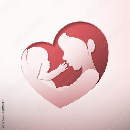 Mother holding a baby sitting in her arm in pink and red heart shaped silhouette paper cutting art vector