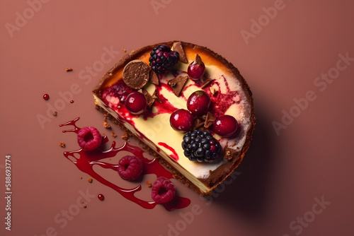 Cheesecake with Fresh Fruits and Nutty Crust. Generative AI photo