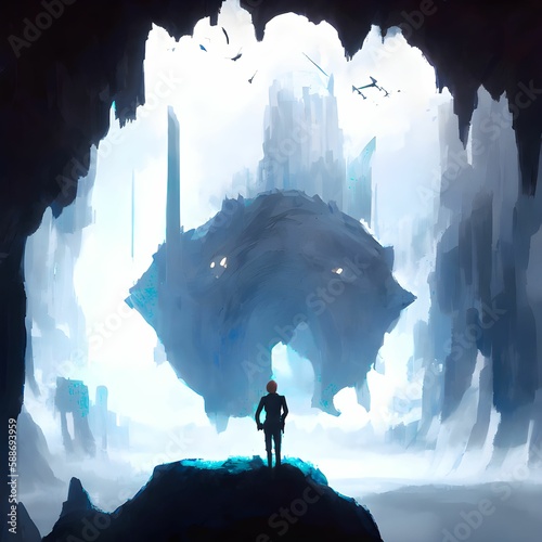 silhouette of a man in a cave with a futuristic alienlike flying machine photo