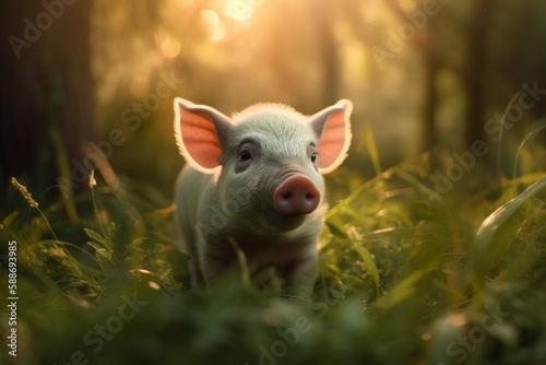 Loan Piglet walking in the sun drenched woodlands. © MD Media