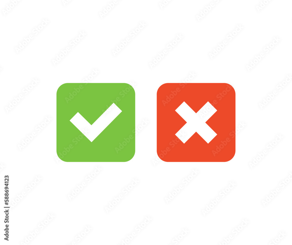 Green check mark, approval mark. Red cross, rejection sign. Green checkmark and red cross icon isolated on white background vector design and illustration. Green check mark, approval mark. Red cross, rejection sign. Green checkmark and red cross icon isolated on white background vector design and illustration.