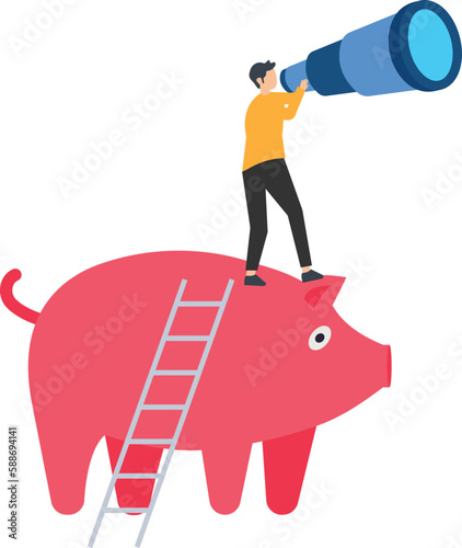 Financial future, discovering investment opportunity, mutual fund or stock market, pension fund, wealth management concept, man stand on the piggy bank and discover new business way
