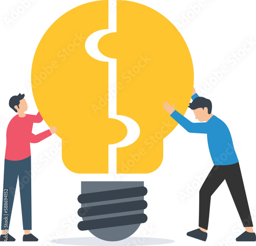 Problem solver, get a solution to overcome difficulty, pizzle creative idea, creativity or innovation to fix problem, business trouble, teamwork on pizzle bulb concept
