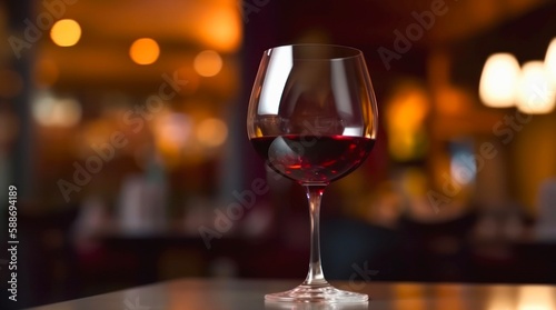 Glass of red wine on a table in front of abstract blurred background of restaurant. Generative AI.