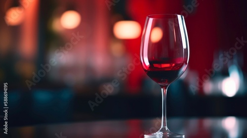Glass of red wine on a table in front of abstract blurred background of restaurant. Generative AI.