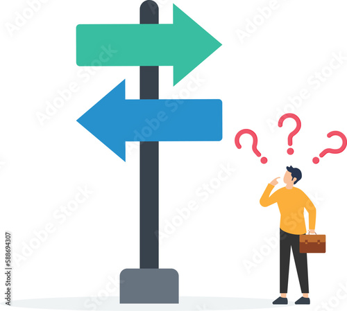 Indecisive managers cannot make decisions or choose choices and alternative, confused or frustrated to decide, worried about which way to choose concept, indecisive concept 
