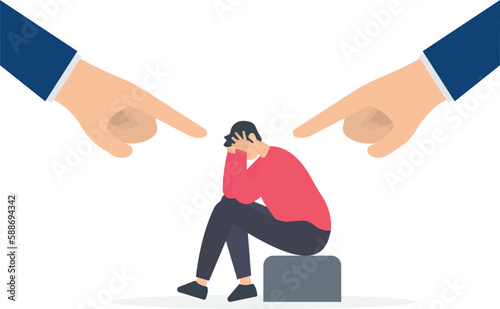 Toxic work, abuse or bullying colleagues, bad culture make an exhausted depressed employee, fear of failure and responsibility, pointing and blaming concept
