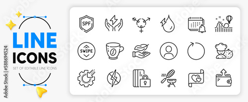 Safe energy, Headshot and Hydroelectricity line icons set for app include Notification, Wallet, Chef outline thin icon. Antistatic, Coffee, Spf protection pictogram icon. Love letter. Vector
