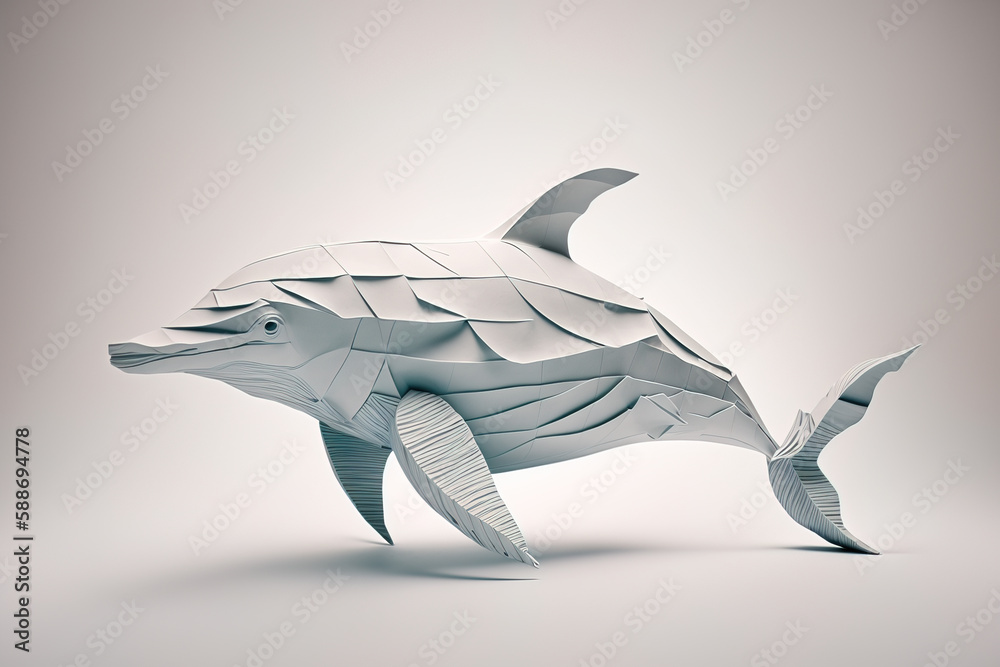 Fototapeta premium Image of paper origami art. Handmade paper dolphin. Fish. underwater animals. illustration, generative AI