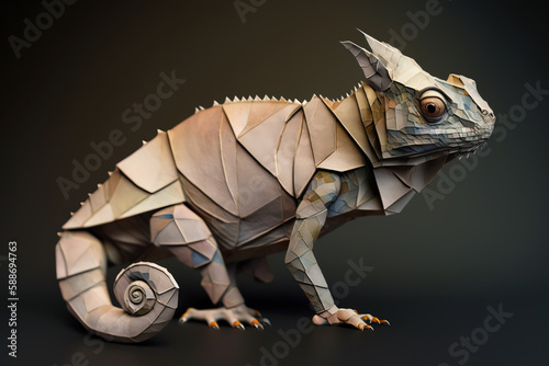 Image of paper origami art. Handmade paper chameleon. Reptile. Animsl. illustration, generative AI photo