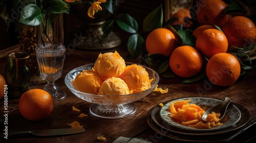 Ice cream on a plate and oranges on the table. Orange-flavored ice cream. The concept of delicious and healthy food. AI generated