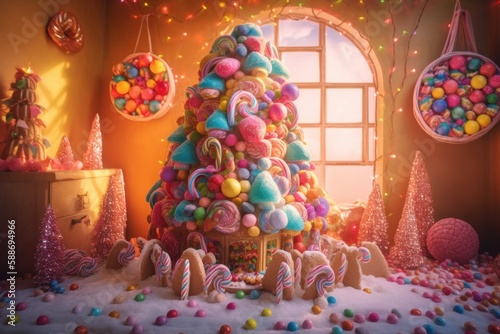 Photo of a festive Christmas tree made entirely of colorful and delicious candies created with Generative AI technology