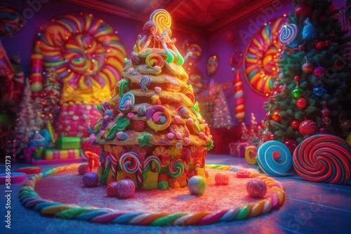 Photo of a vibrant and festive Christmas tree made entirely of candy and candy canes created with Generative AI technology © AI Visual Vault