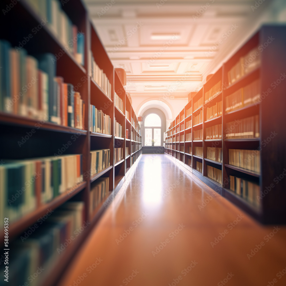 Blurred public library interior space. Learning and education concept background. Defocused bookshelves with books - vintage tone