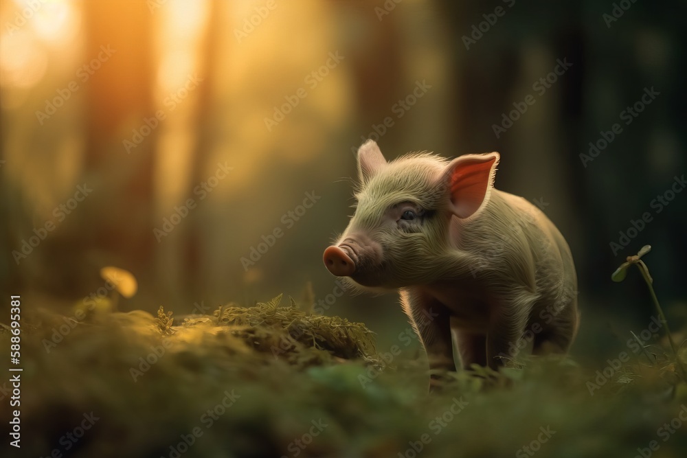 Loan Piglet walking in the sun drenched woodlands. Loan Piglet walking in the sun drenched woodlands.