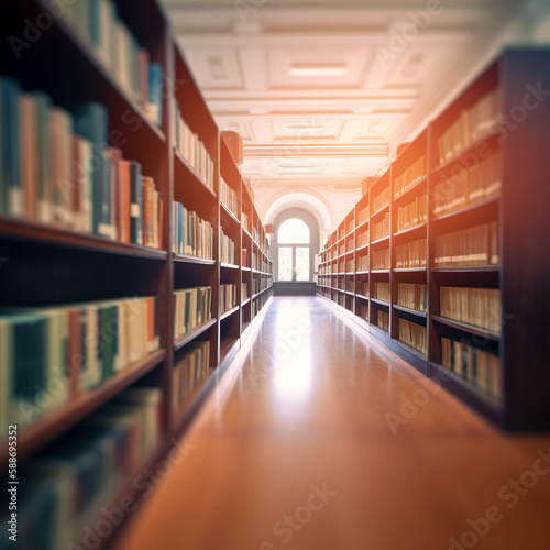 Blurred public library interior space. Learning and education concept background. Defocused bookshelves with books - vintage tone