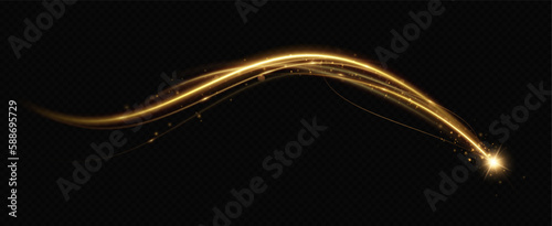 Golden glowing swirl. Light speed motion effect. Light trail. Shiny wavy path. Vector.