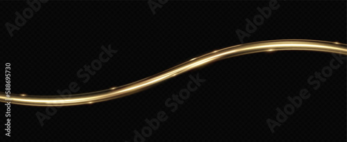 Golden glowing swirl. Light speed motion effect. Light trail. Shiny wavy path. Vector.