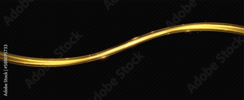 Golden glowing swirl. Light speed motion effect. Light trail. Shiny wavy path. Vector.
