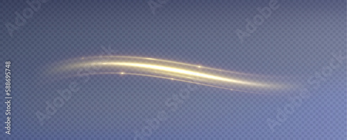 Golden glowing swirl. Light speed motion effect. Light trail. Shiny wavy path. Vector.