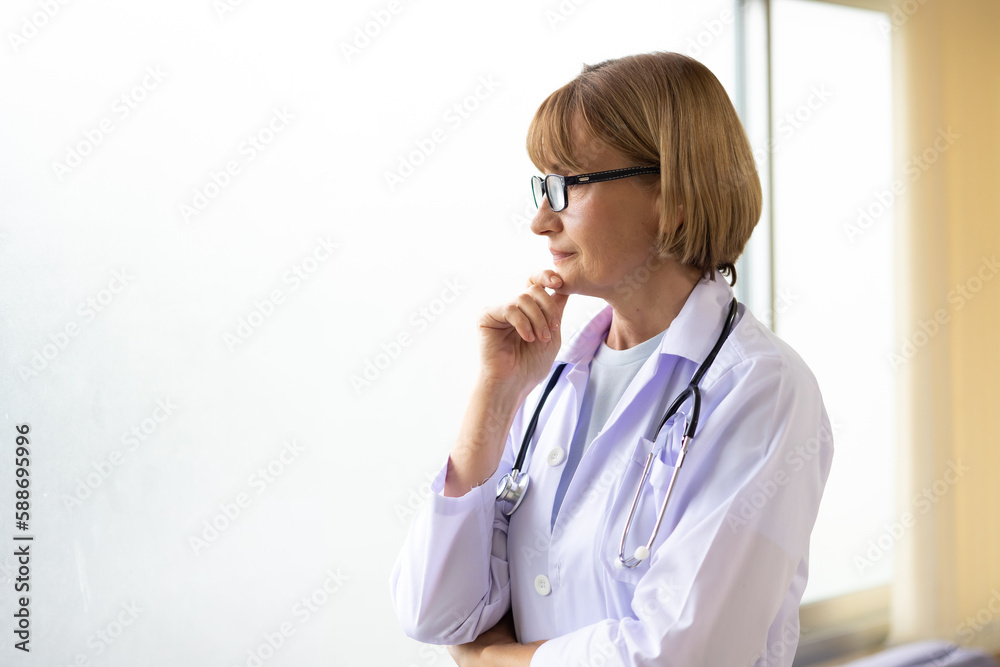 Portrait Caucasian elder woman medical doctor working in hospital Healthcare and medical concept. Portrait Caucasian elder woman medical doctor working in hospital Healthcare and medical concept.