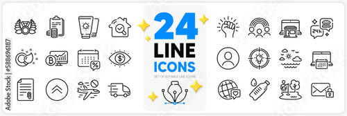 Icons set of Swipe up, Business vision and Paint brush line icons pack for app with Cancel flight, Inspect, Sunscreen thin outline icon. Truck delivery, World brand, Headshot pictogram. Vector