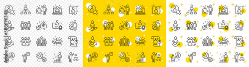 Set of Business audit, Startup strategy and Employee icons. Management line icons. Business strategy, Startup and Teamwork. Organization management, report and group algorithm. Employee job. Vector