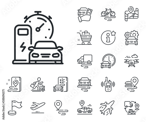 Car charge time sign. Plane, supply chain and place location outline icons. Charging station line icon. Electric power symbol. Charging station line sign. Taxi transport, rent a bike icon. Vector