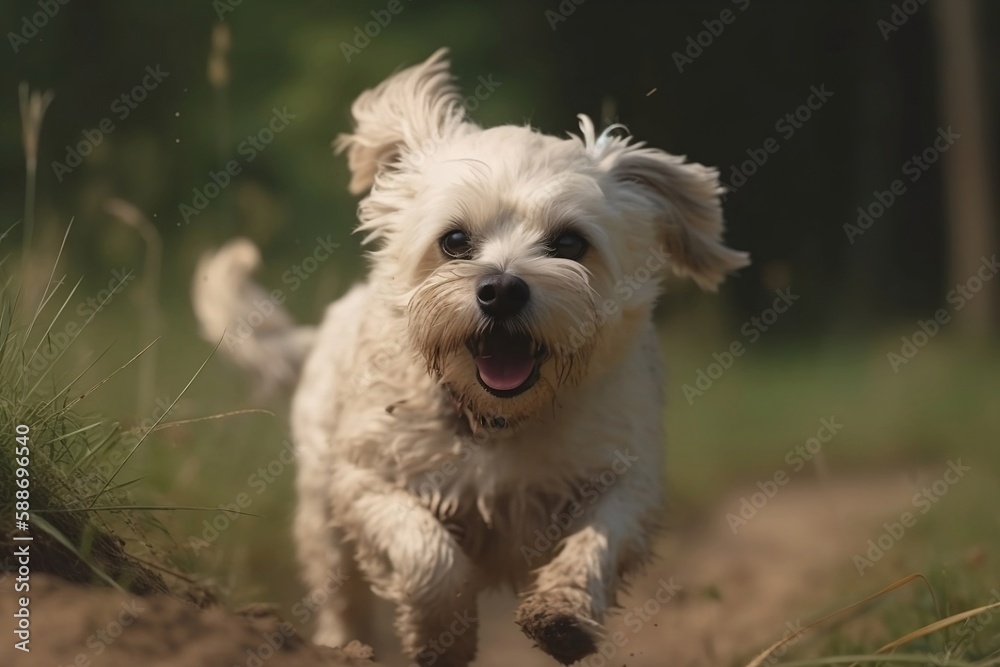 Running Free. Close up Cute Pet Dog Having Fun in a Meadow on blur background Running Free. Close up Cute Pet Dog Having Fun in a Meadow on blur background