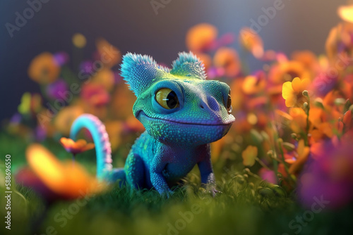 Colorful chameleon enjoying the flower garden scenery