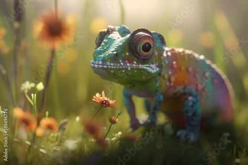 Colorful chameleon enjoying the flower garden scenery