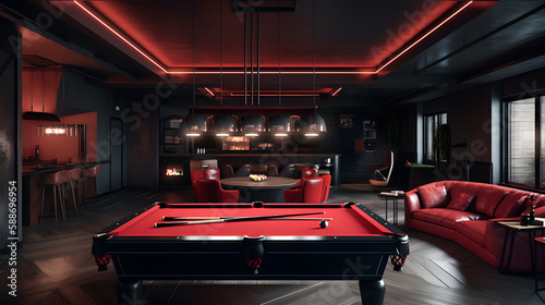 internal design with pool table in a amazing penthouse living room  3d render  generative ai
