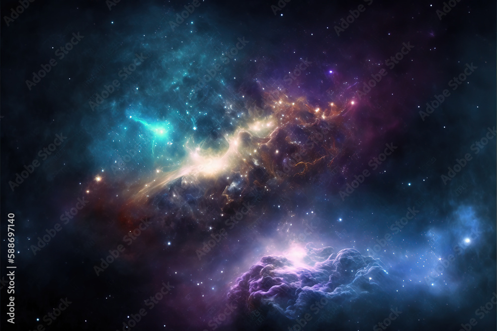 Purple, red and blue space with stars. Fantasy galaxy generative AI background