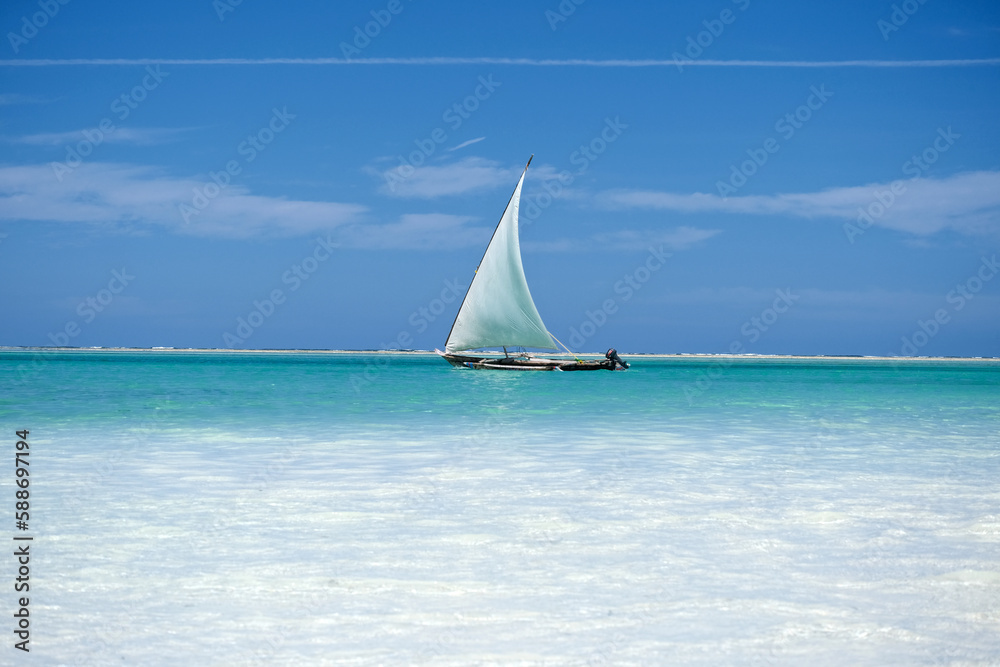 Wooden catamaran, old catamaran, sailboat in the sea 