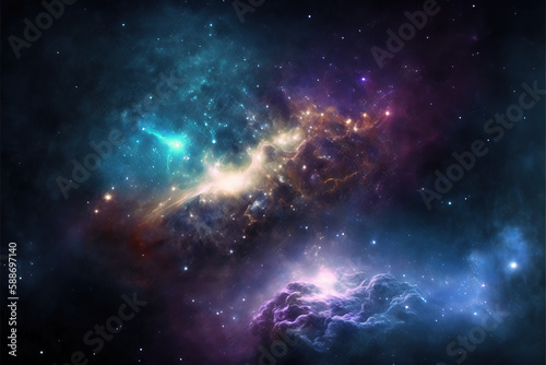 Purple, red and blue space with stars. Fantasy galaxy generative AI background