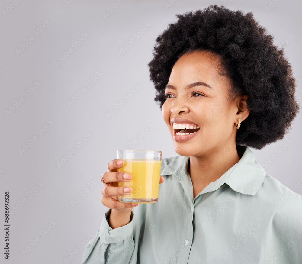 Thinking, mockup and orange juice with a laughing woman in studio on a gray background for health or vitamin c. Idea, drink and glass with a happy young female drinking a fresh beverage for nutrition Thinking, mockup and orange juice with a laughing woman in studio on a gray background for health or vitamin c. Idea, drink and glass with a happy young female drinking a fresh beverage for nutrition