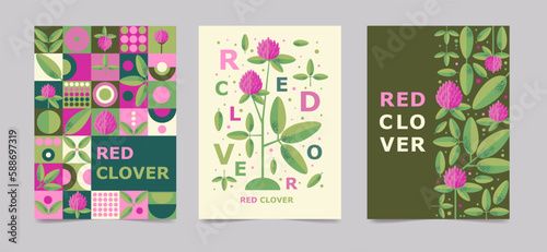 Set poster, brochure with red clover drawing. Isolated flower and leaves. Cards geometry for print design vector banner photo