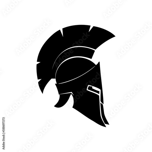 Silhouette antiques Roman or Greek helmet for head protection soldiers with a crest of feathers or horsehair with slits for the eyes and mouth, helmet on a white background, vector illustration