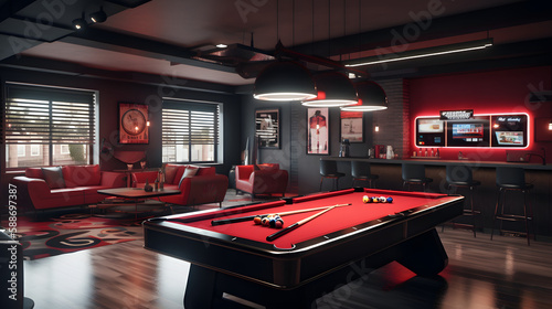 internal design with pool table in a amazing penthouse living room, 3d render, generative ai