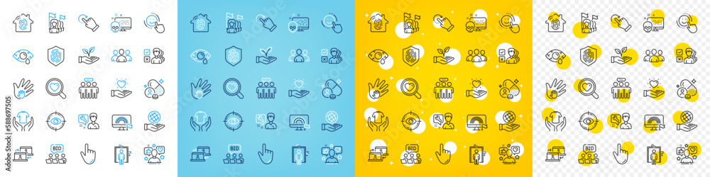 Vector icons set of Repairman, Fingerprint access and Online auction line icons pack for web with Outsource work, Conjunctivitis eye, Lgbt outline icon. Feminism, Eye target. Vector