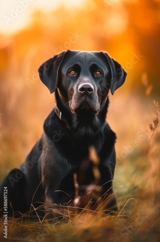 Portrait of a black labrador retriever outdoor. Generative AI.