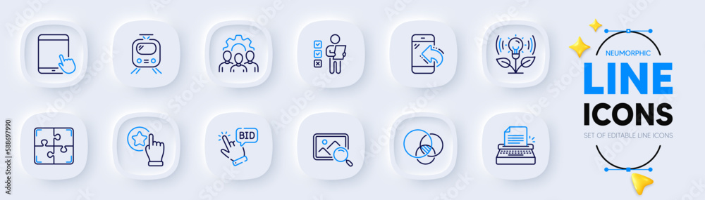 Voting ballot, Tablet pc and Rate button line icons for web app. Pack of Train, Search photo, Incubator pictogram icons. Team work, Euler diagram, Typewriter signs. Bid offer, Puzzle. Vector