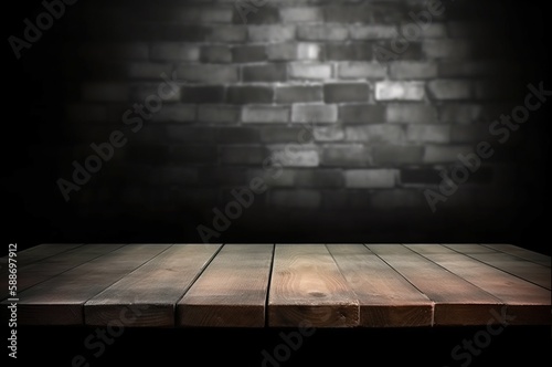 Upstairs of an old wooden table for placing goods with brick block wall scenes. AI-generated images